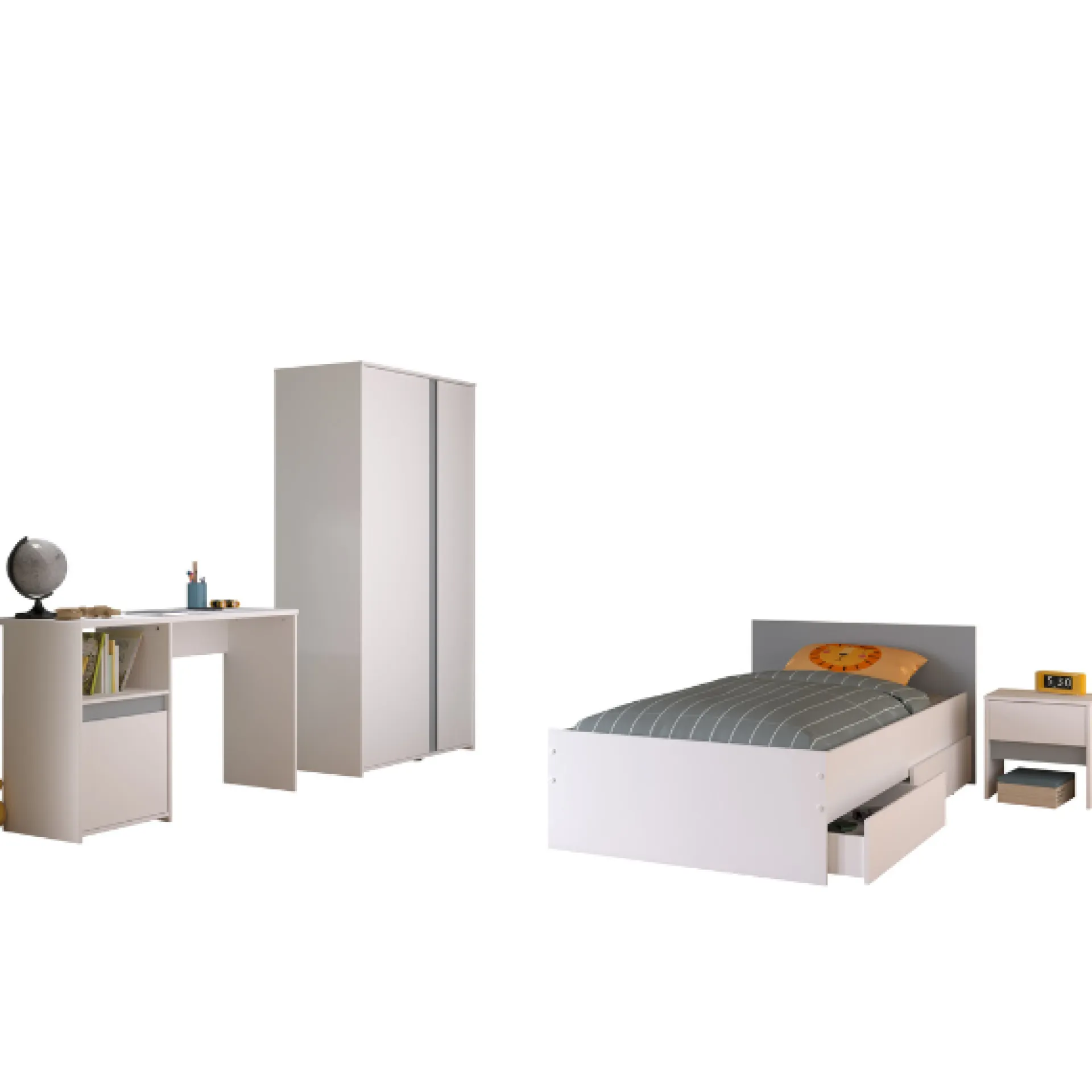 Kinder Parisot Schlafzimmer-Set Rue| Einzelbett, Bettkasten-Set, Nachttisch, Kleiderschrank, Schreibtisch