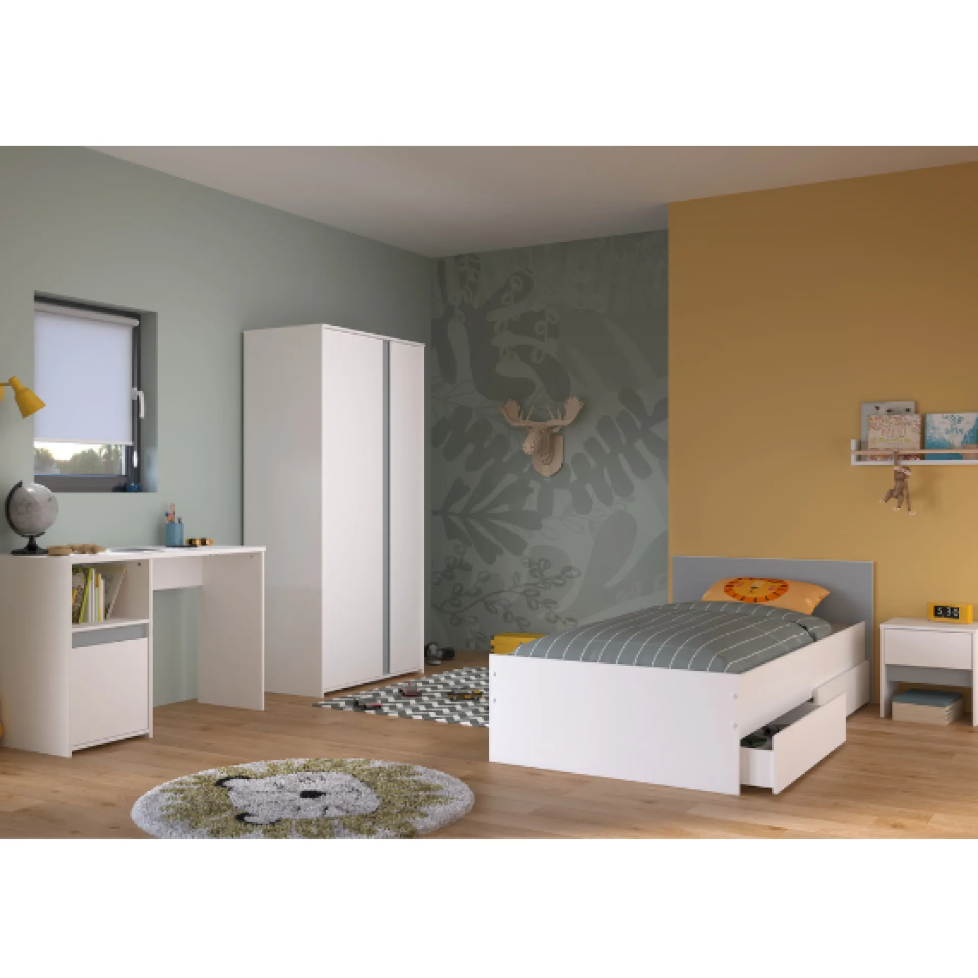 Kinder Parisot Schlafzimmer-Set Rue| Einzelbett, Bettkasten-Set, Nachttisch, Kleiderschrank, Schreibtisch