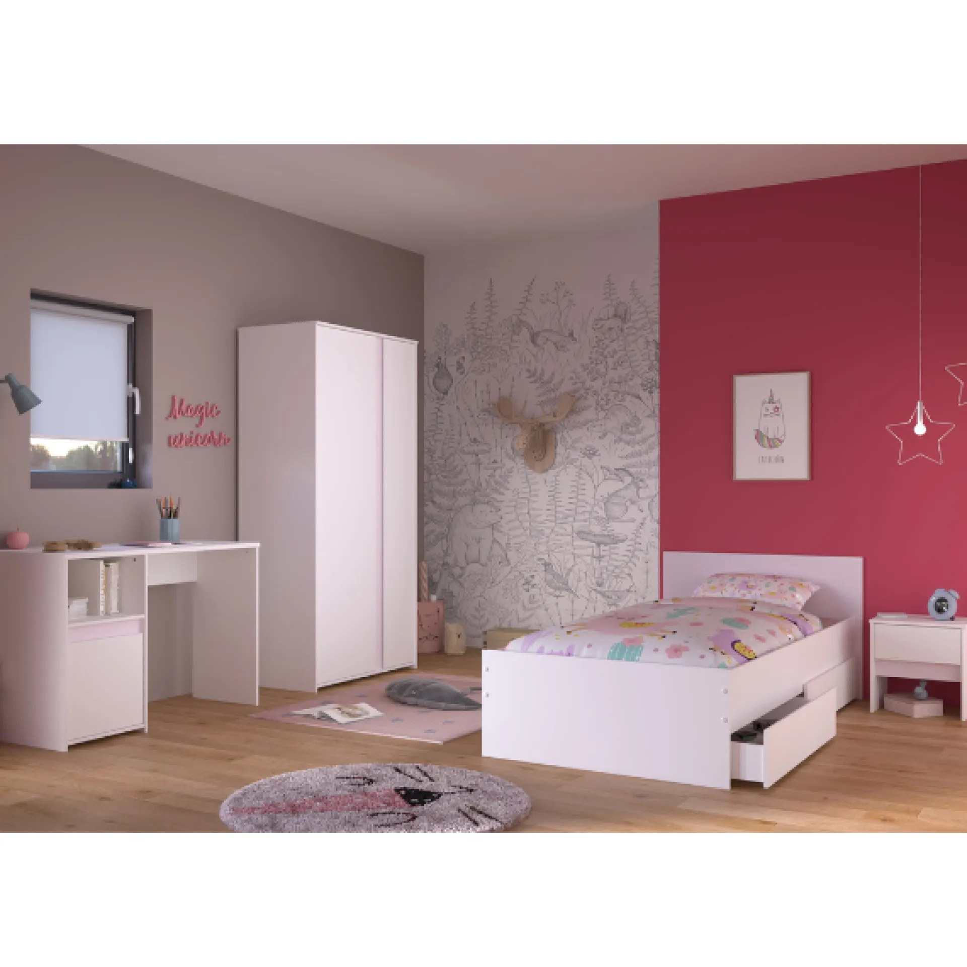 Kinder Parisot Schlafzimmer-Set Rue| Einzelbett, Bettkasten-Set, Nachttisch, Kleiderschrank, Schreibtisch