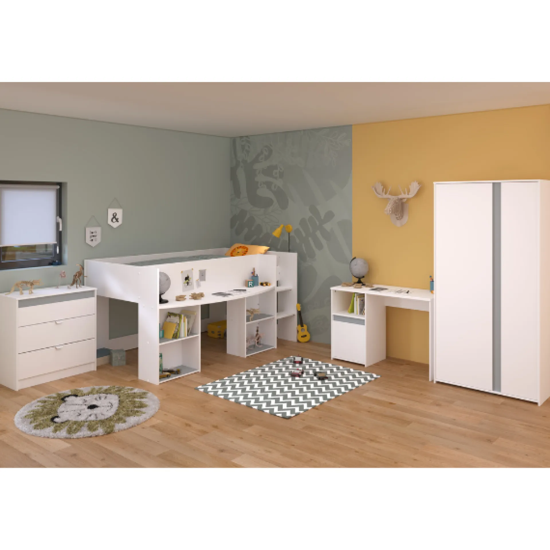 Kinder Parisot Schlafzimmerset Rue | Halbhochbett, Kleiderschrank, Kommode und Schreibtisch