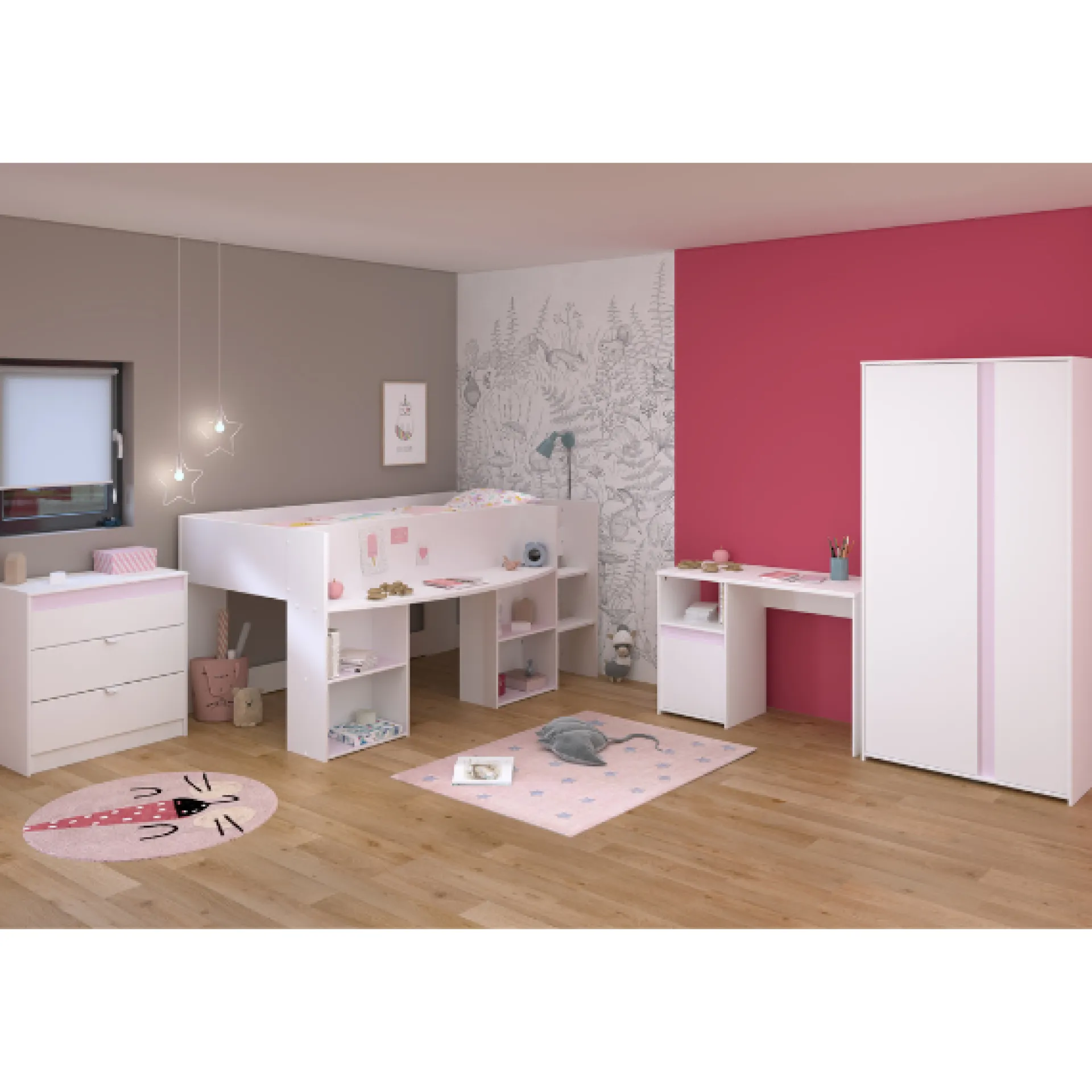 Kinder Parisot Schlafzimmerset Rue | Halbhochbett, Kleiderschrank, Kommode und Schreibtisch