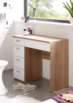 Kinder Emob Schminktisch Loïs 90cm, 1 Tür und 4 Schubladen - Eiche hell Dekor/Weiß