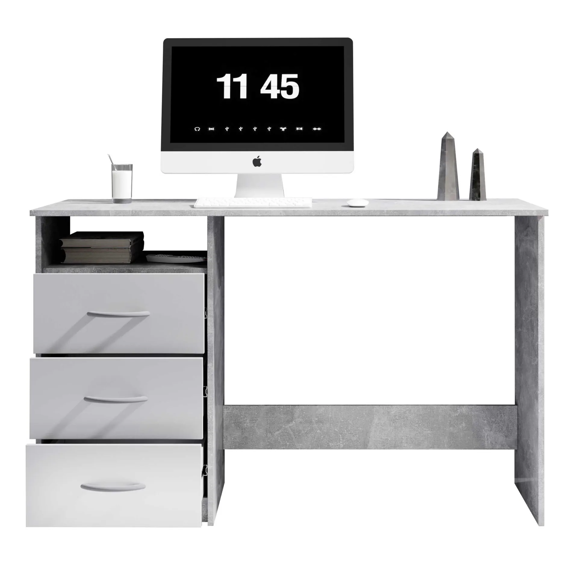 Emob Schreibtisch Adriano 123cm mit 3 Schubladen - Beton/Weiß