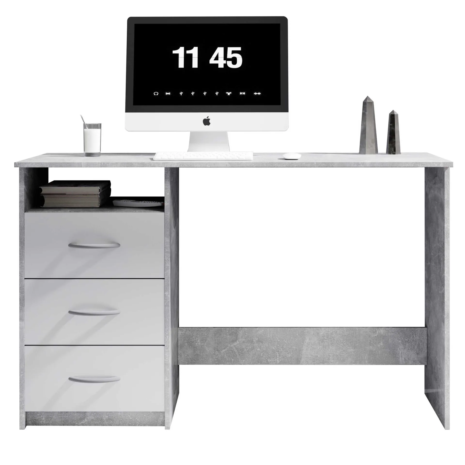 Emob Schreibtisch Adriano 123cm mit 3 Schubladen - Beton/Weiß