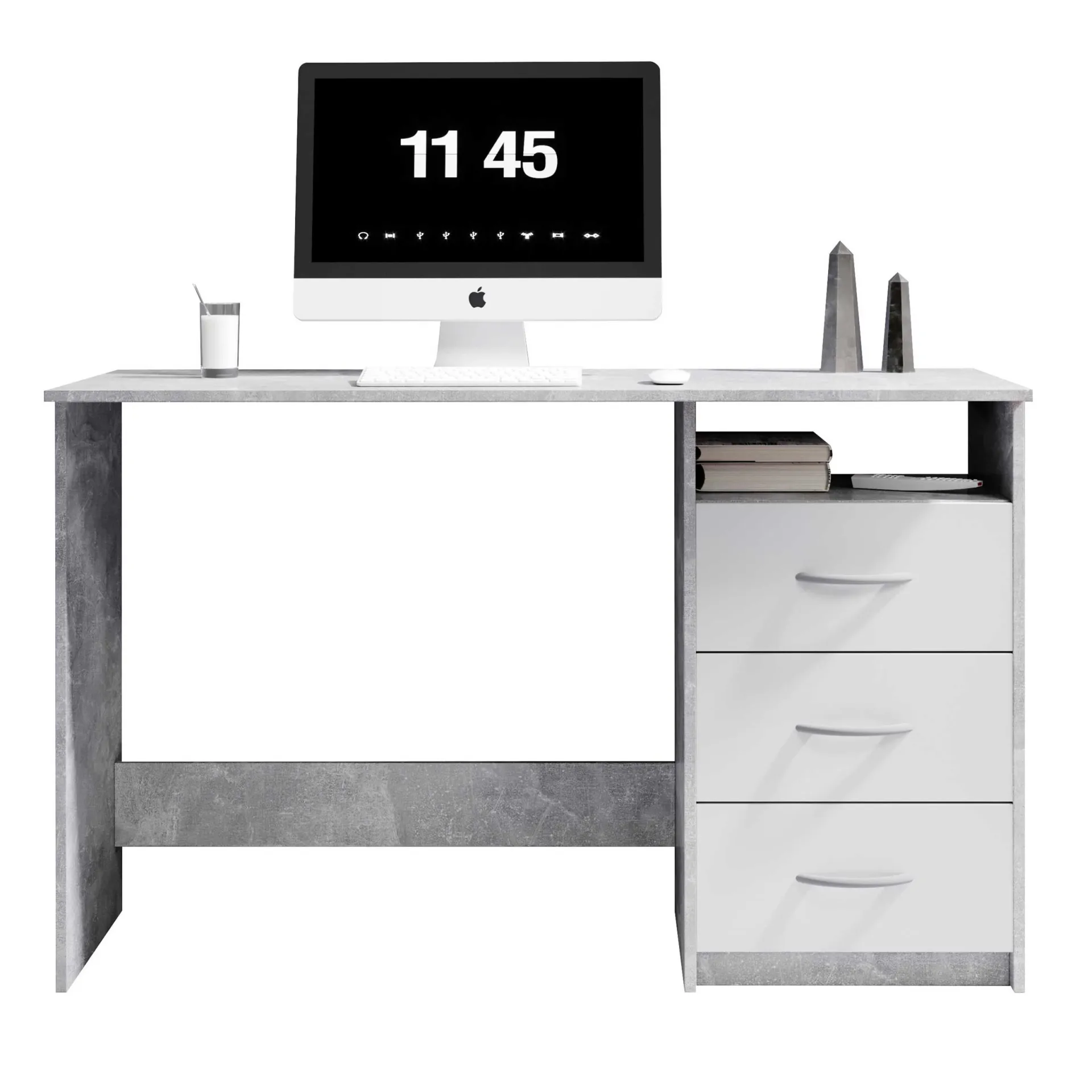 Emob Schreibtisch Adriano 123cm mit 3 Schubladen - Beton/Weiß