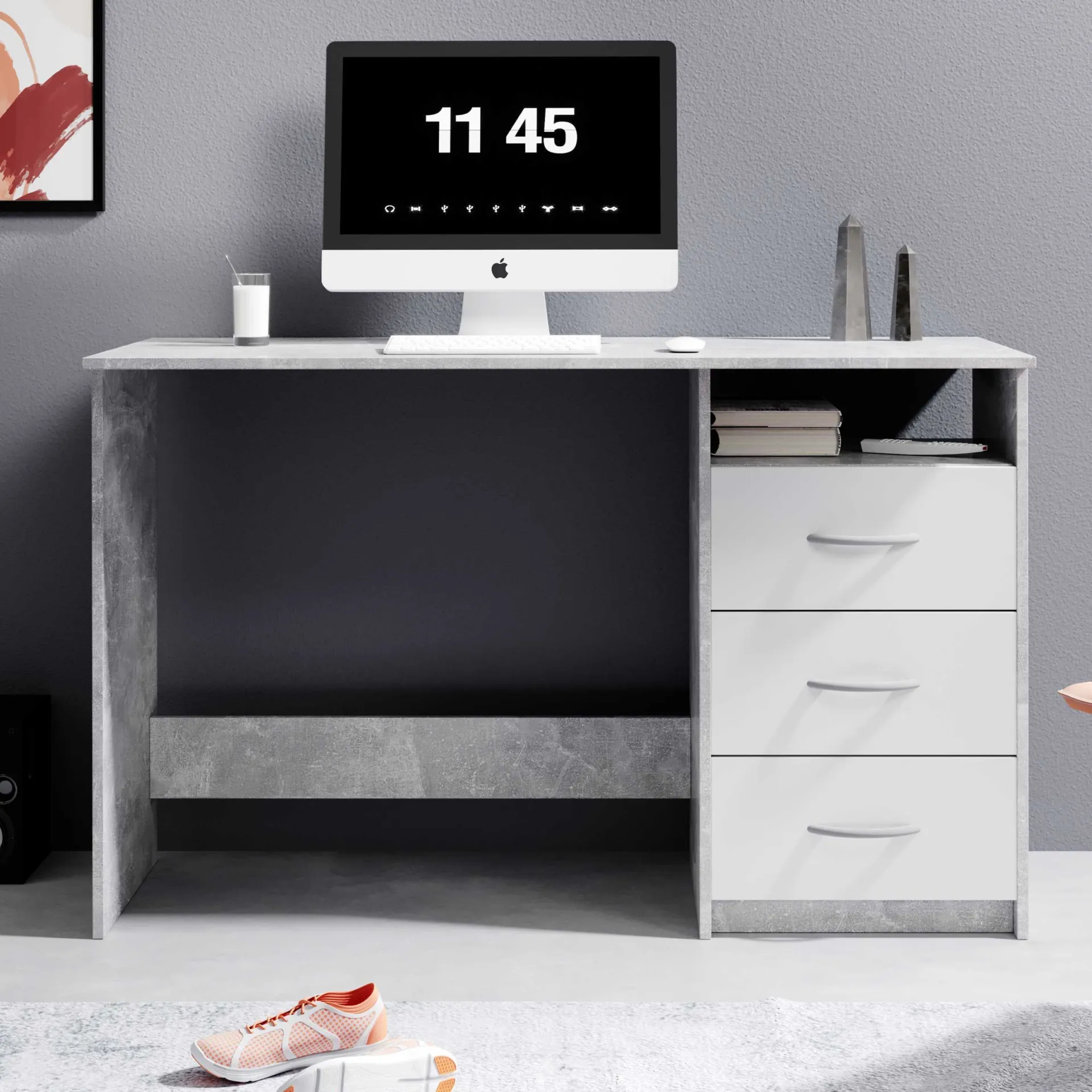 Emob Schreibtisch Adriano 123cm mit 3 Schubladen - Beton/Weiß