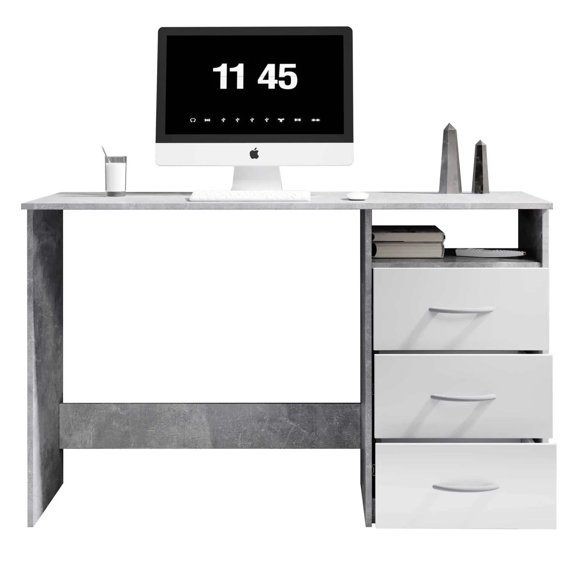 Emob Schreibtisch Adriano 123cm mit 3 Schubladen - Beton/Weiß