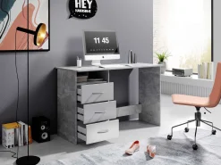 Emob Schreibtisch Adriano 123cm mit 3 Schubladen - Beton/Weiß