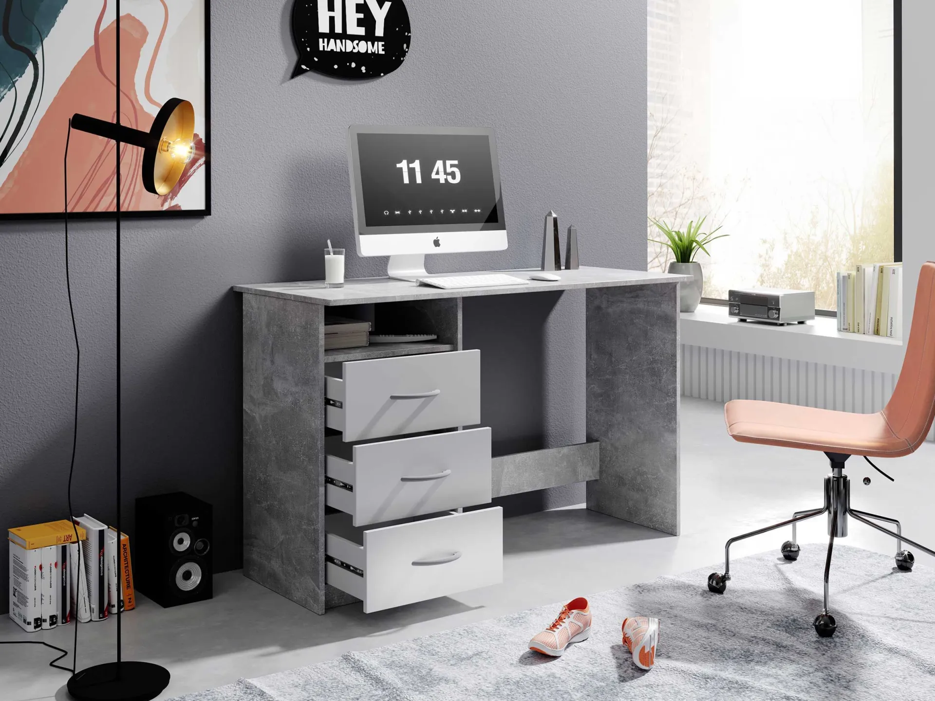 Emob Schreibtisch Adriano 123cm mit 3 Schubladen - Beton/Weiß