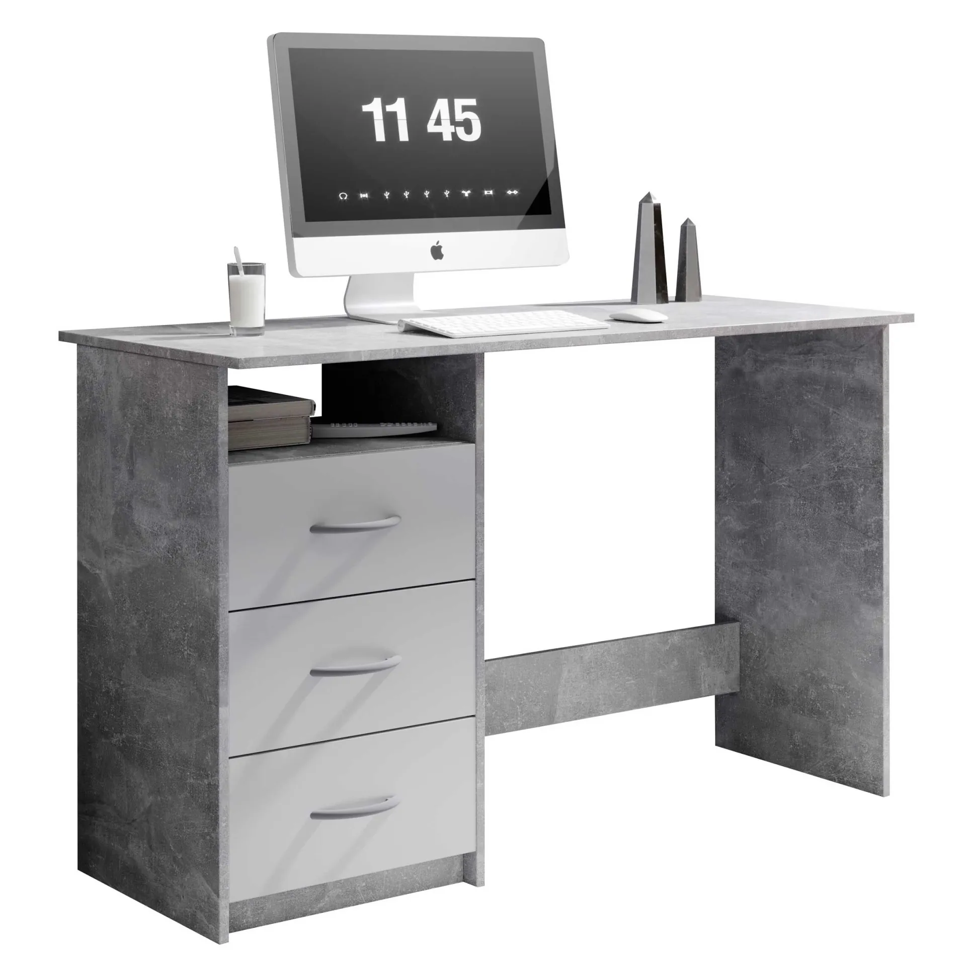 Emob Schreibtisch Adriano 123cm mit 3 Schubladen - Beton/Weiß