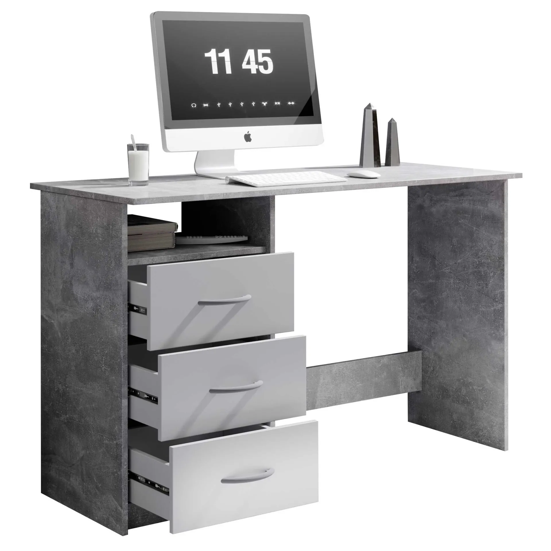 Emob Schreibtisch Adriano 123cm mit 3 Schubladen - Beton/Weiß