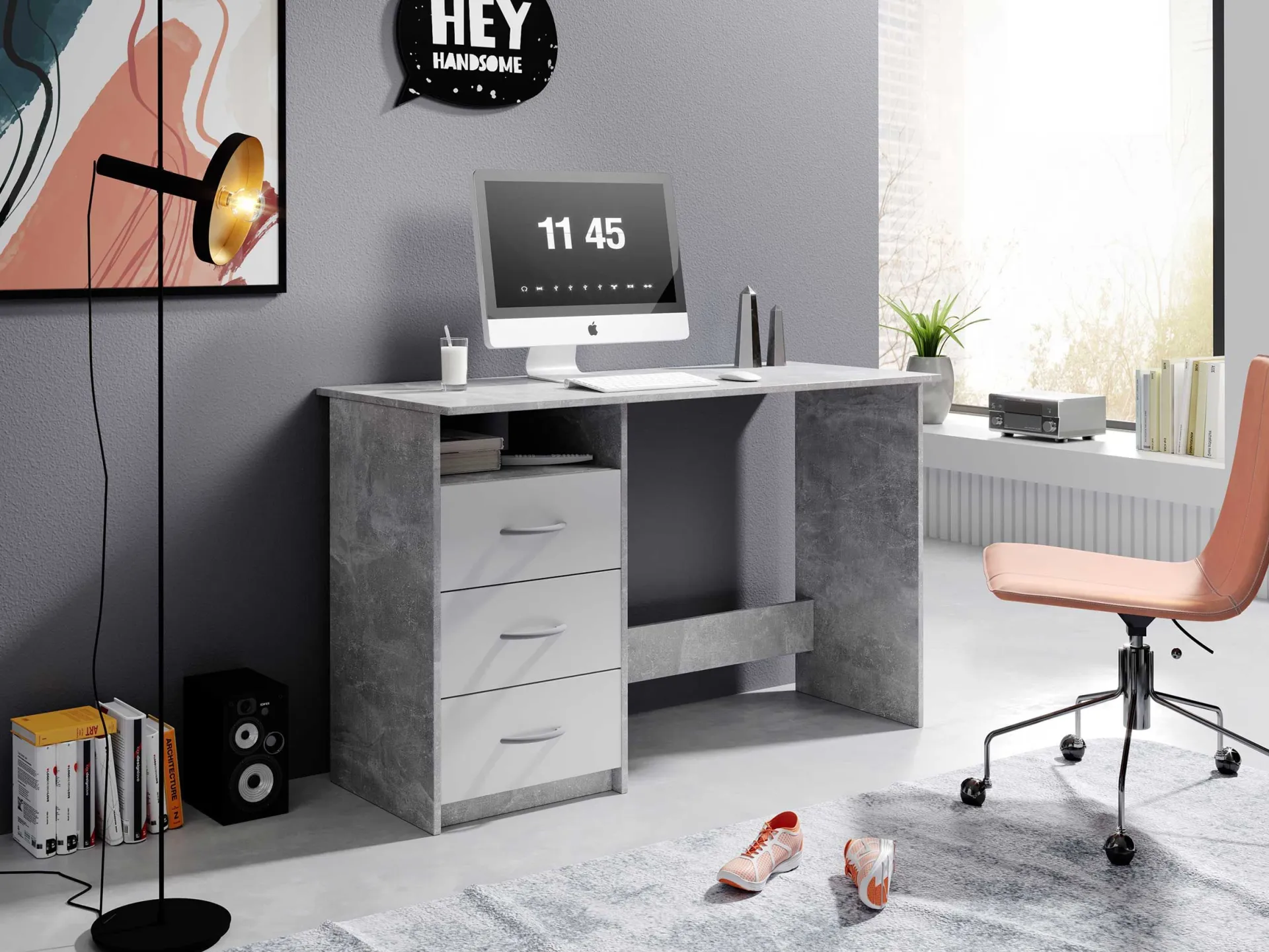 Emob Schreibtisch Adriano 123cm mit 3 Schubladen - Beton/Weiß