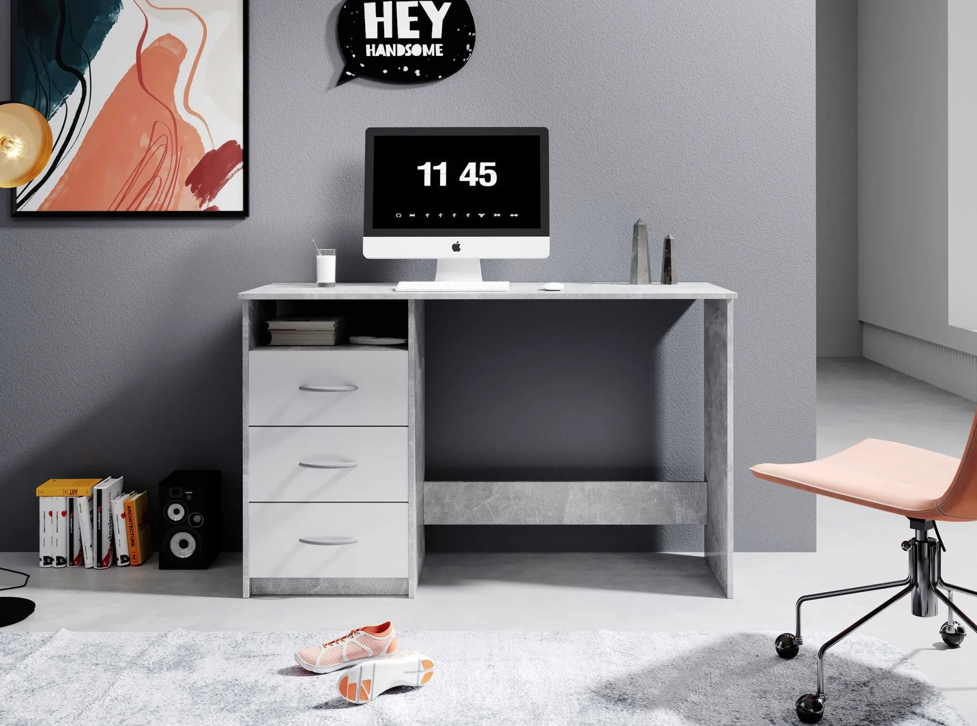 Emob Schreibtisch Adriano 123cm mit 3 Schubladen - Beton/Weiß