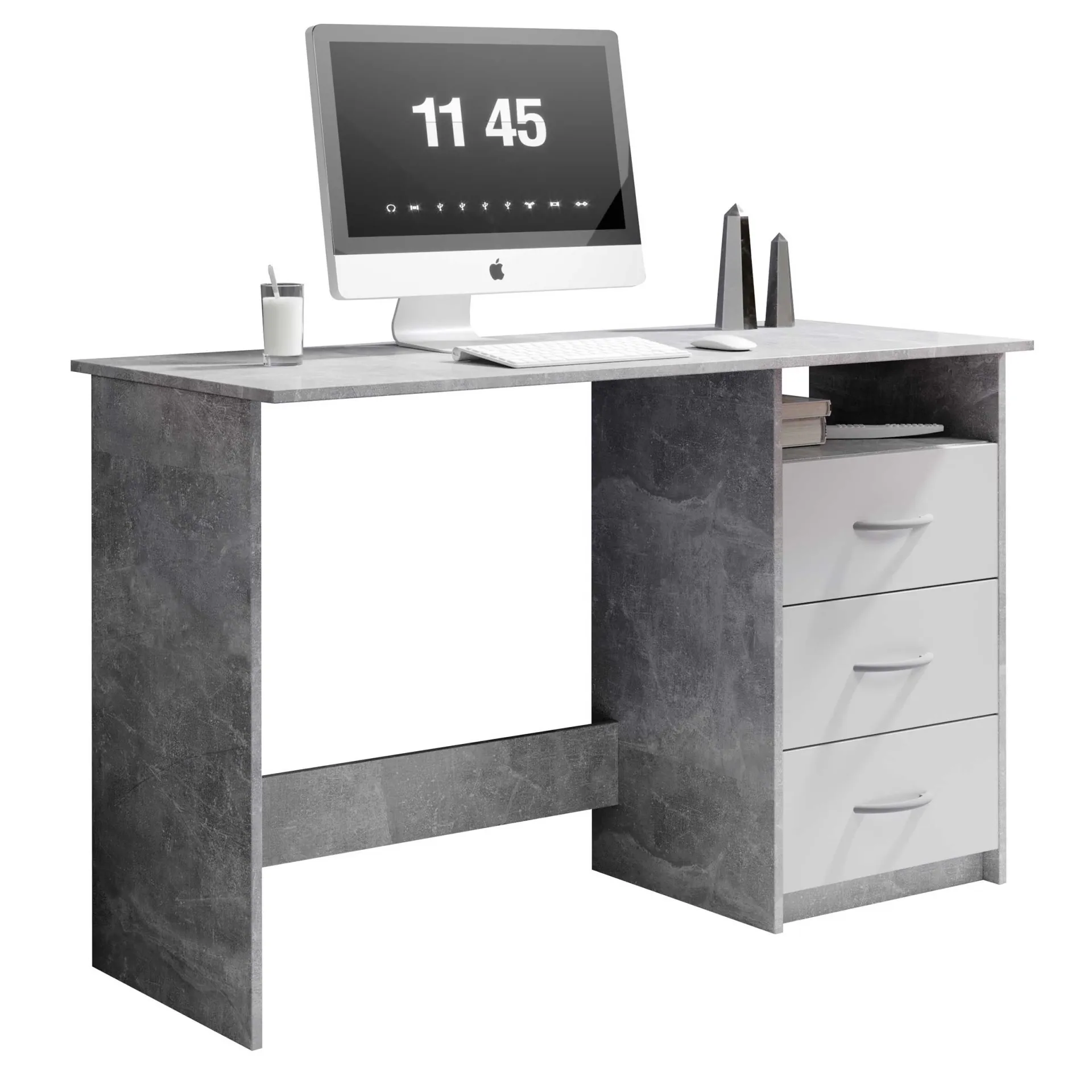 Emob Schreibtisch Adriano 123cm mit 3 Schubladen - Beton/Weiß