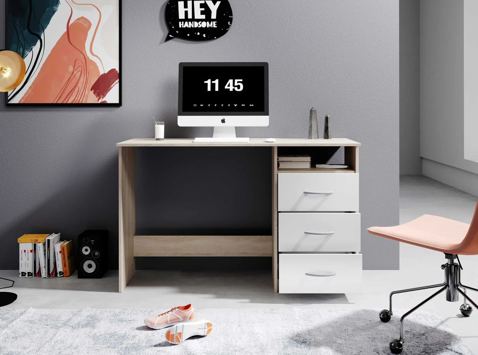 Emob Schreibtisch Adriano 123cm mit 3 Schubladen - Eiche/Weiß