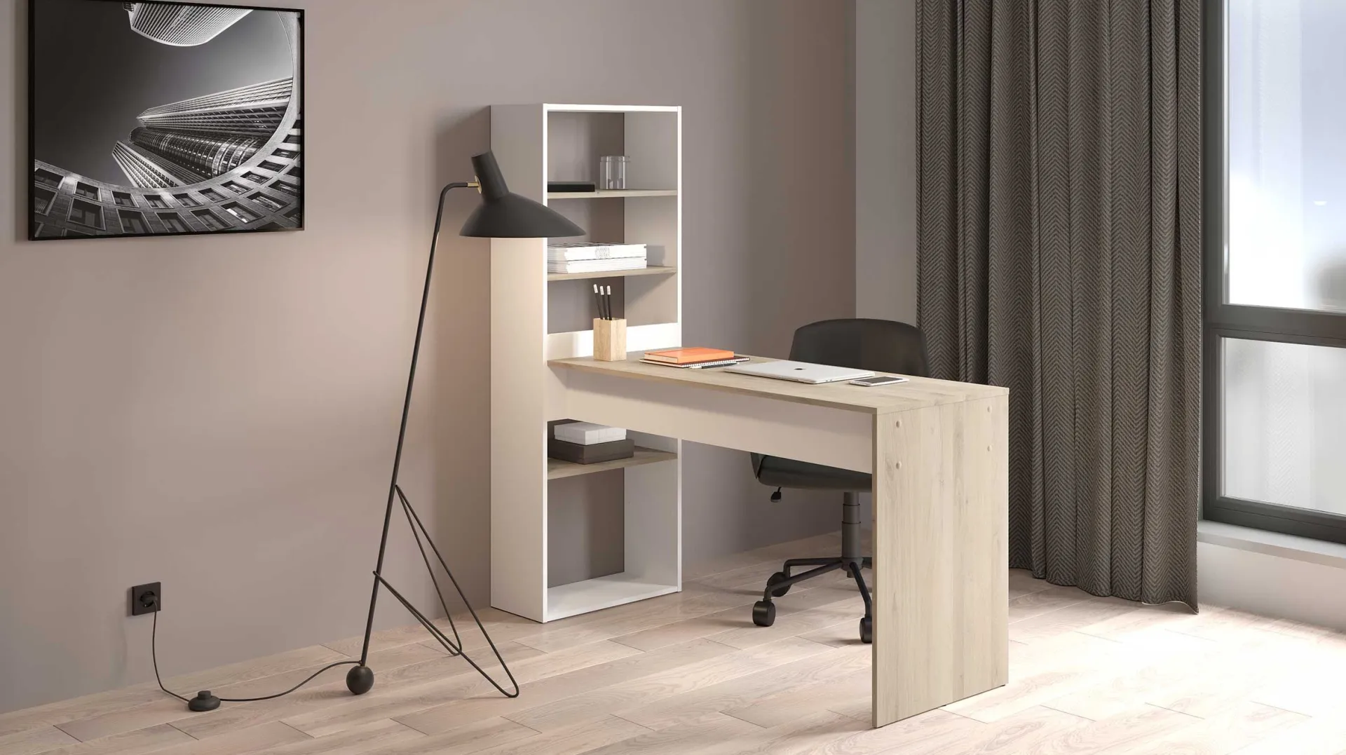 CBA Schreibtisch Azizam - 123x53x145cm - mit Bücherregal - weiß/Eiche Dekor