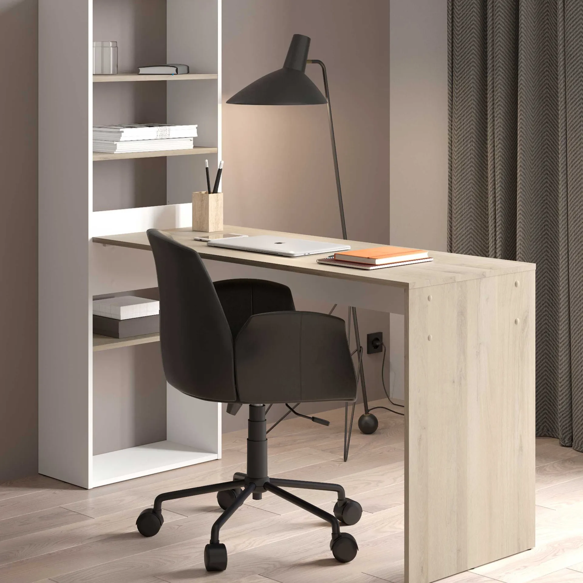 CBA Schreibtisch Azizam - 123x53x145cm - mit Bücherregal - weiß/Eiche Dekor