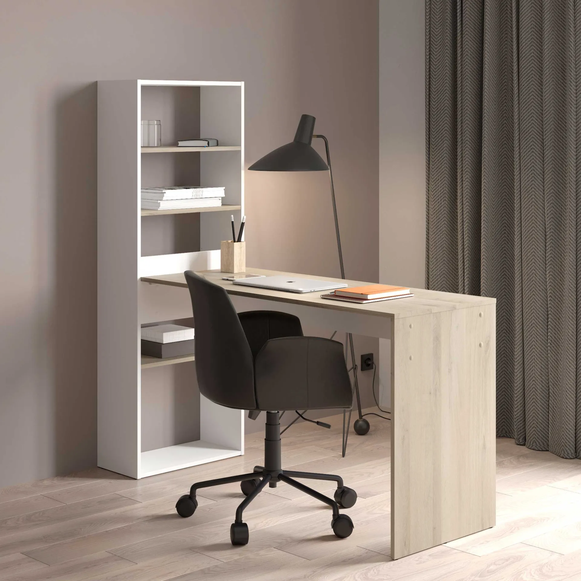 CBA Schreibtisch Azizam - 123x53x145cm - mit Bücherregal - weiß/Eiche Dekor