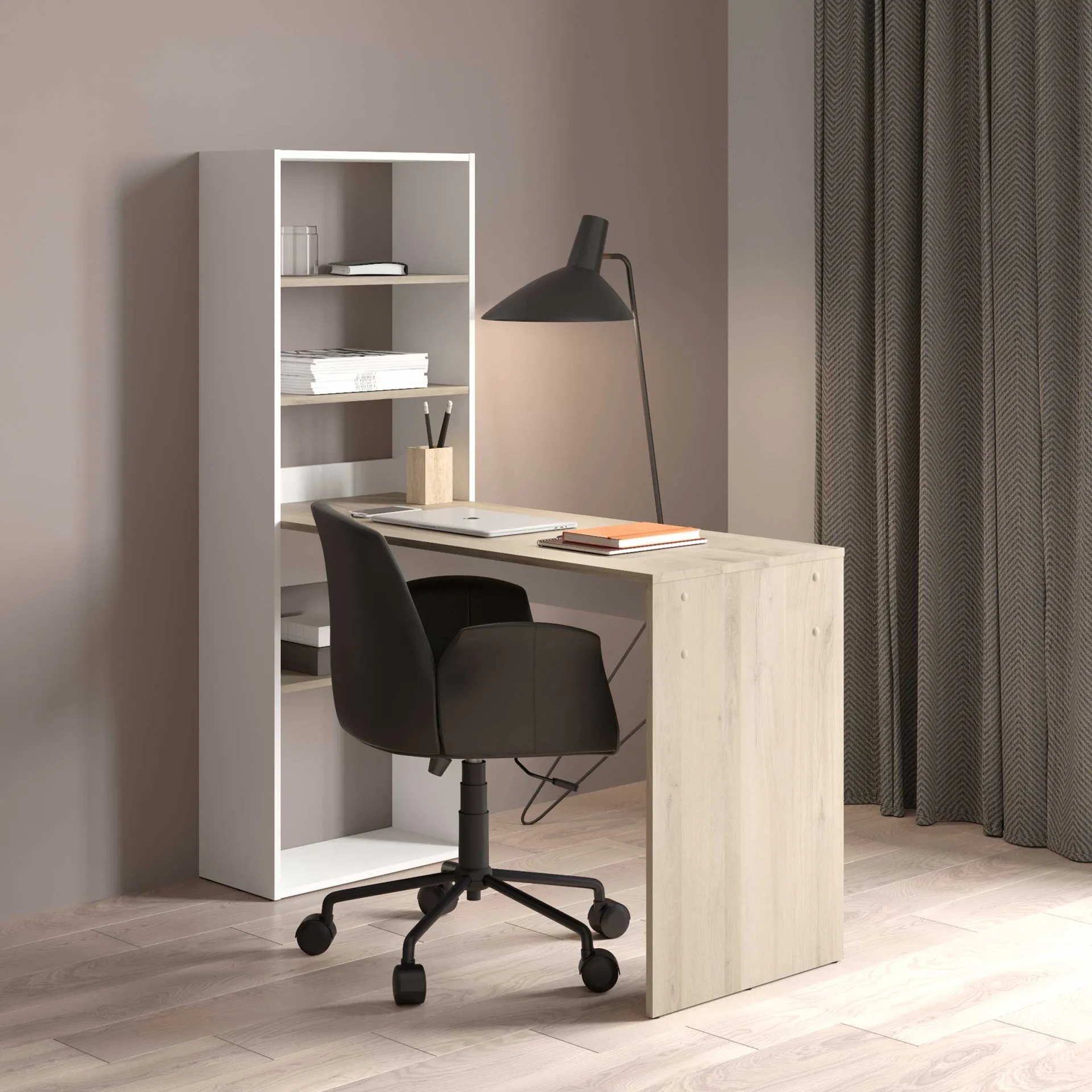 CBA Schreibtisch Azizam - 123x53x145cm - mit Bücherregal - weiß/Eiche Dekor