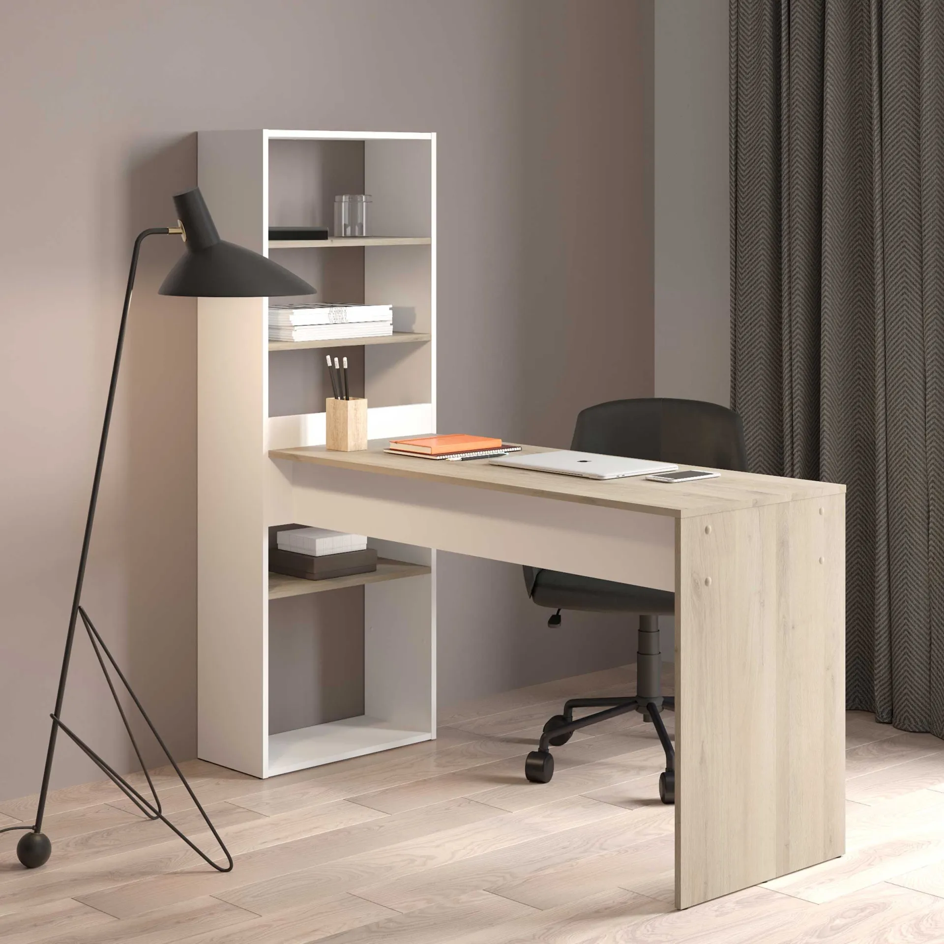 CBA Schreibtisch Azizam - 123x53x145cm - mit Bücherregal - weiß/Eiche Dekor