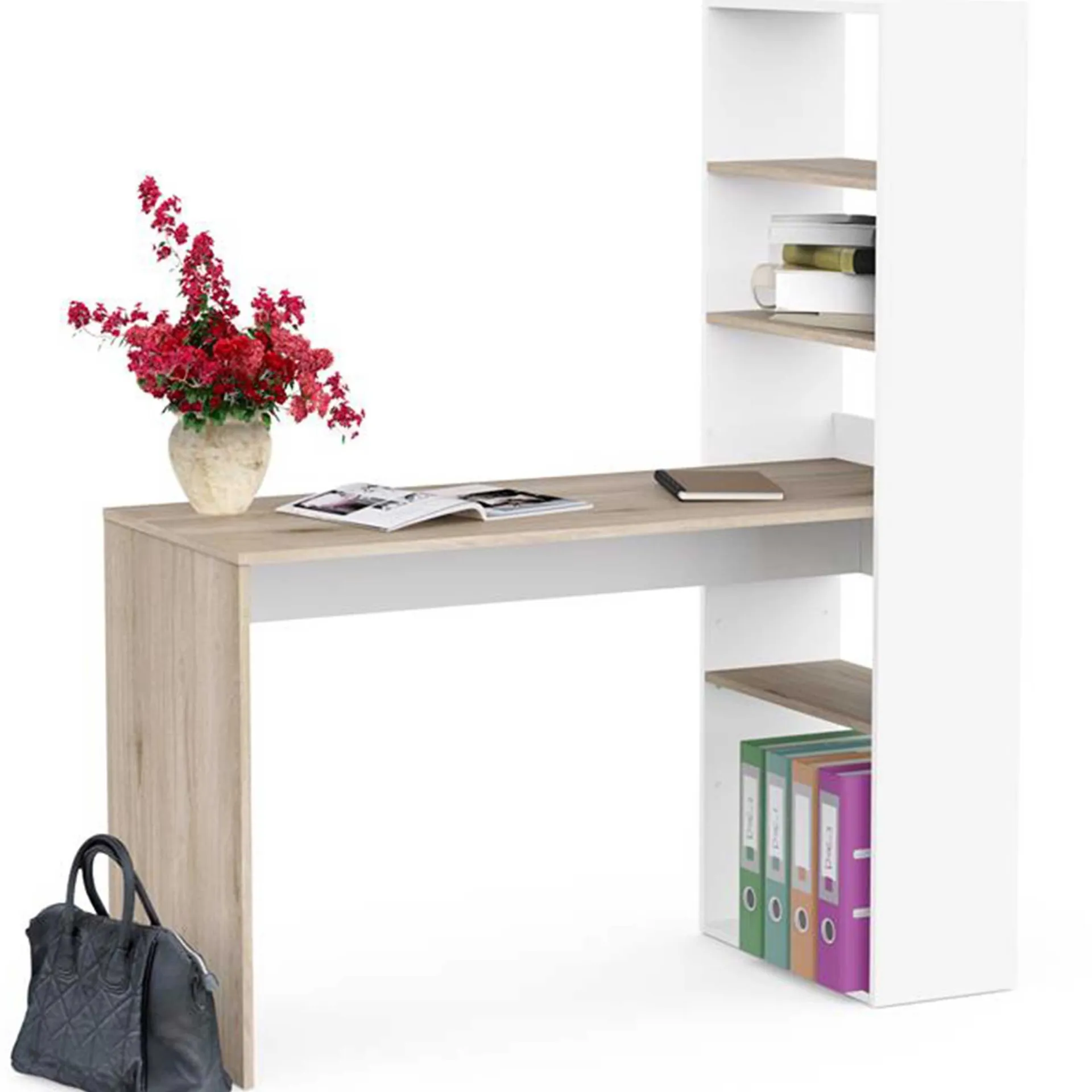 CBA Schreibtisch Azizam - 123x53x145cm - mit Bücherregal - weiß/Eiche Dekor