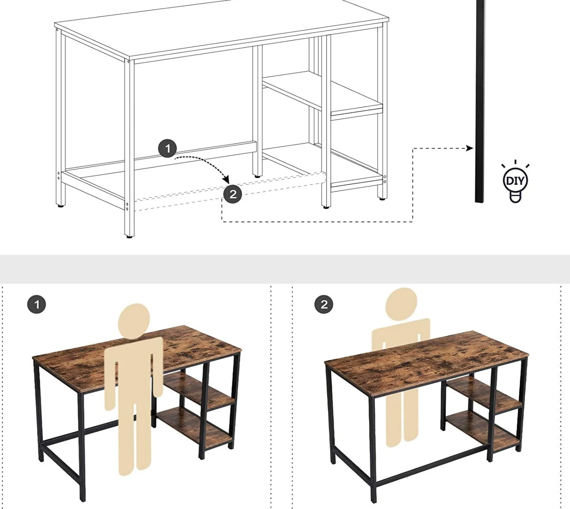 Vasagle Schreibtisch Fabrice 120cm 2 Ablagen - rustikal braun/schwarz