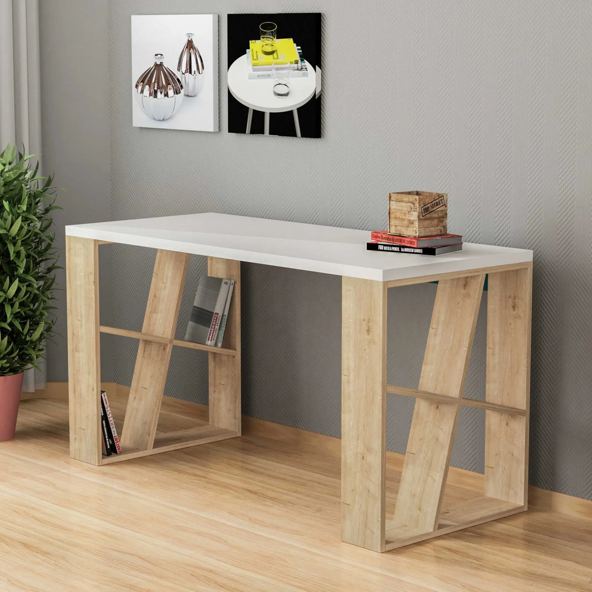 Emob Schreibtisch Honey - 100% MELAMINE - Weiß - 140 x 75 x 60 cm