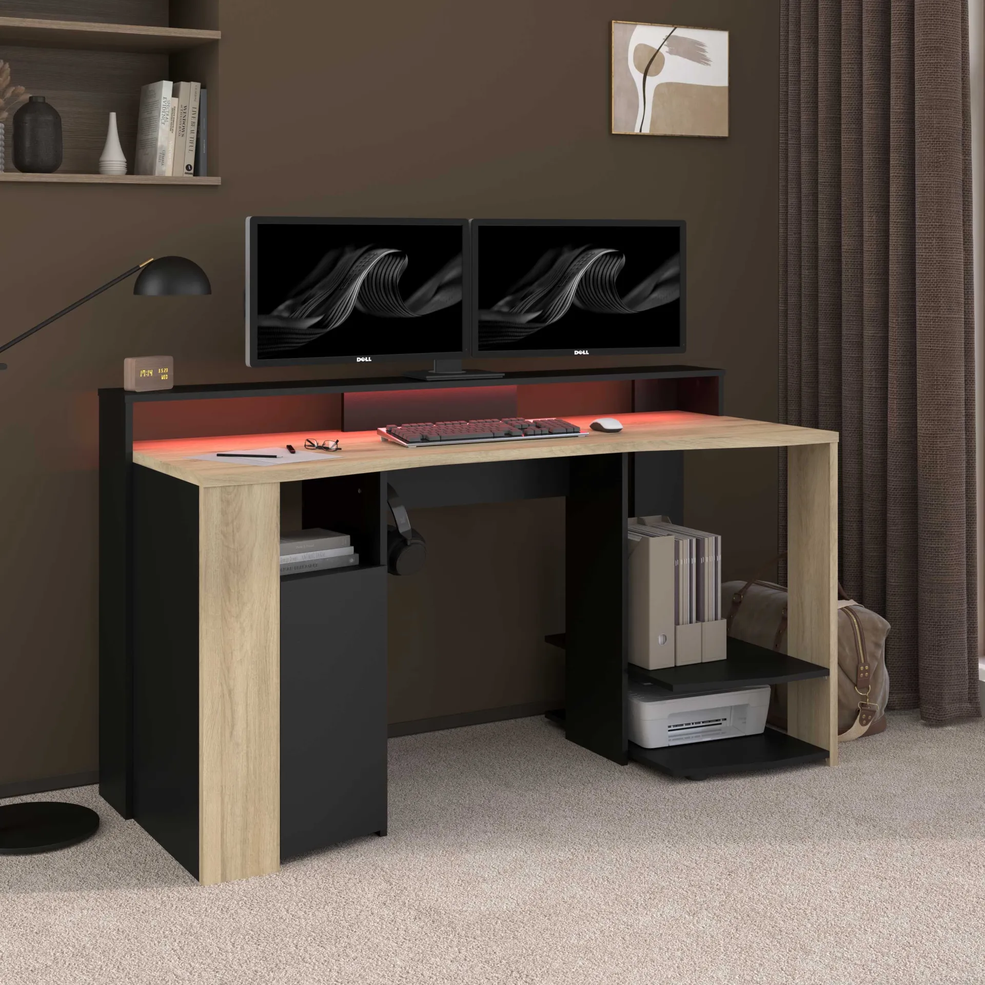 Parisot Schreibtisch Meta - 152x61x87cm - mit LED-Beleuchtung - Eiche Dekor/schwarz