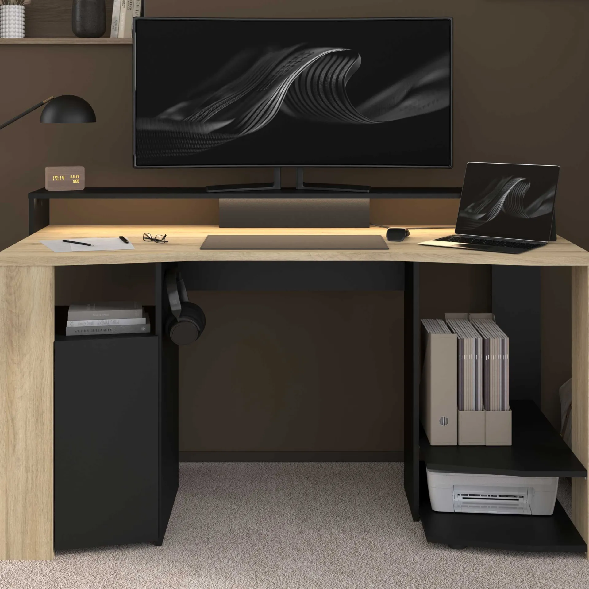 Parisot Schreibtisch Meta - 152x61x87cm - mit LED-Beleuchtung - Eiche Dekor/schwarz