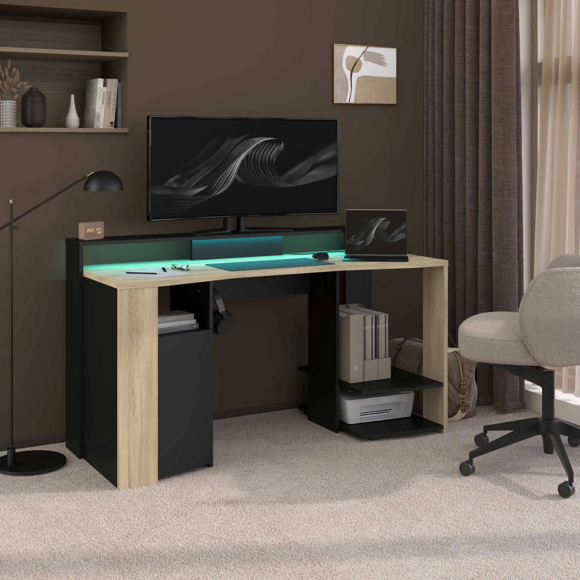 Parisot Schreibtisch Meta - 152x61x87cm - mit LED-Beleuchtung - Eiche Dekor/schwarz