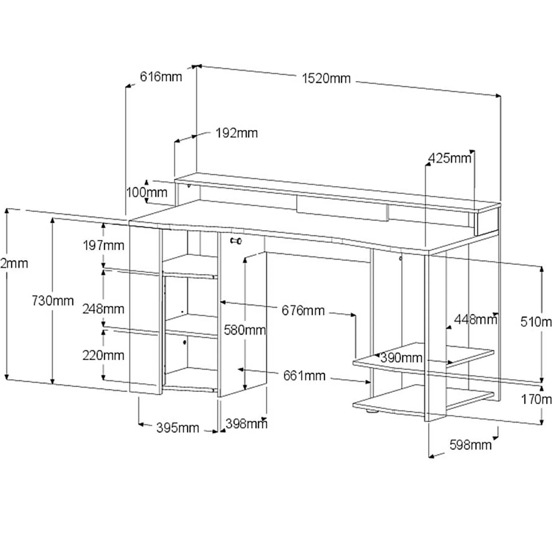 Parisot Schreibtisch Meta - 152x61x87cm - mit LED-Beleuchtung - Eiche Dekor/schwarz