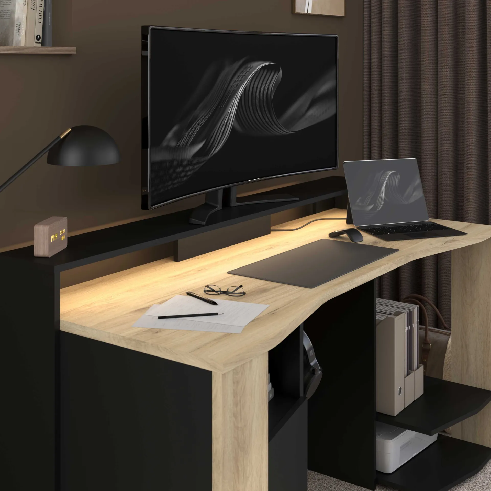 Parisot Schreibtisch Meta - 152x61x87cm - mit LED-Beleuchtung - Eiche Dekor/schwarz