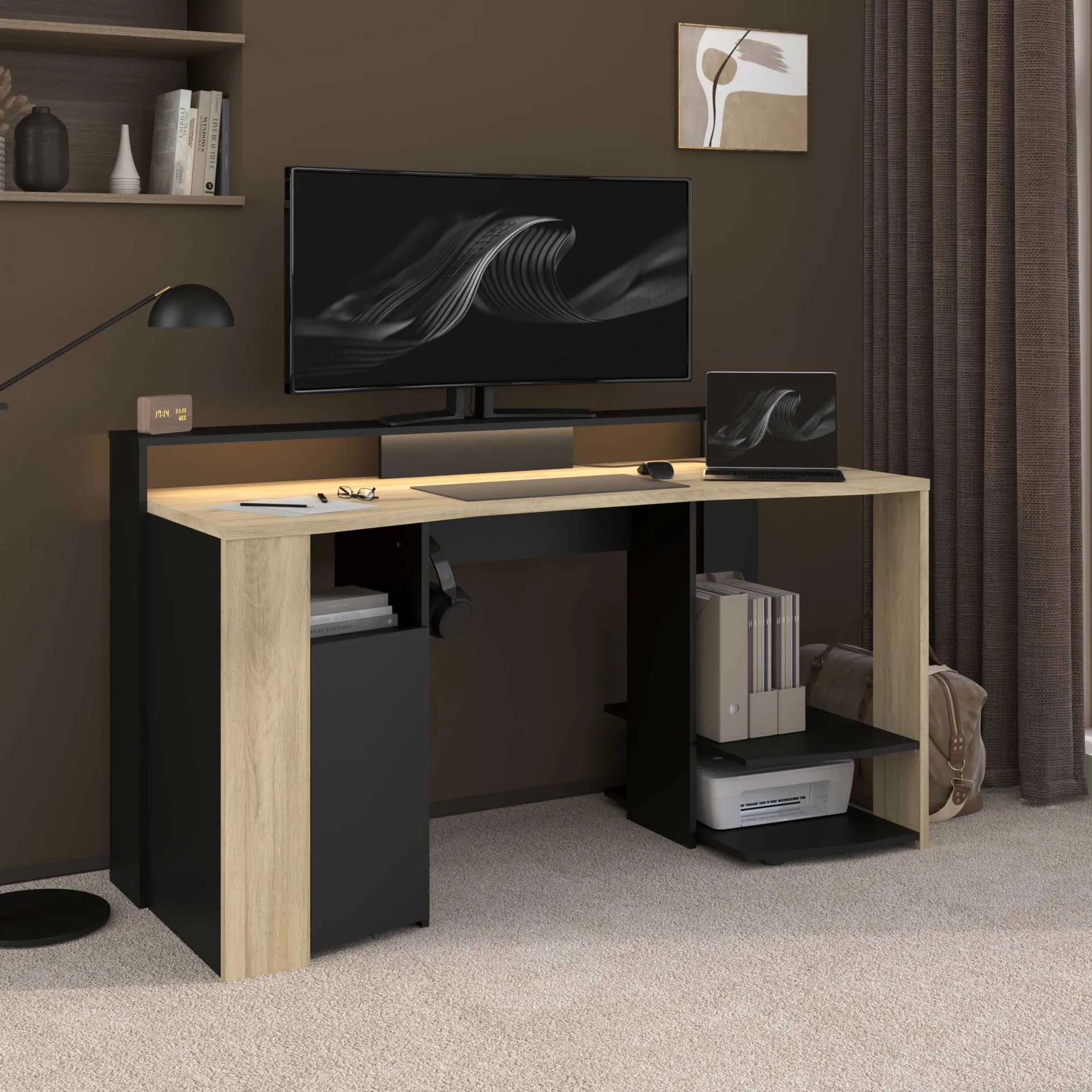 Parisot Schreibtisch Meta - 152x61x87cm - mit LED-Beleuchtung - Eiche Dekor/schwarz