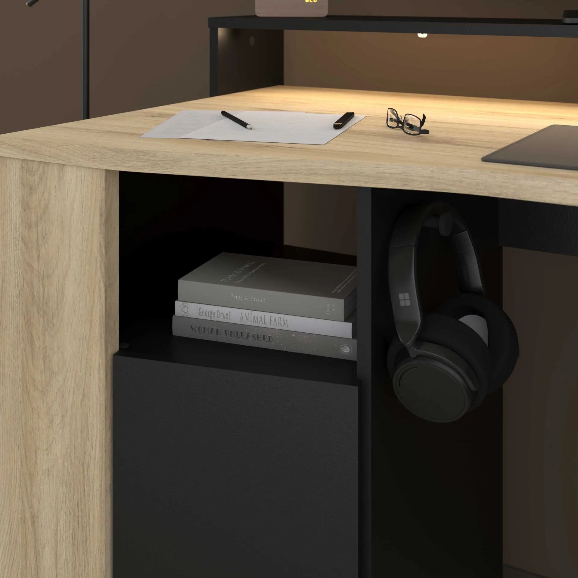Parisot Schreibtisch Meta - 152x61x87cm - mit LED-Beleuchtung - Eiche Dekor/schwarz