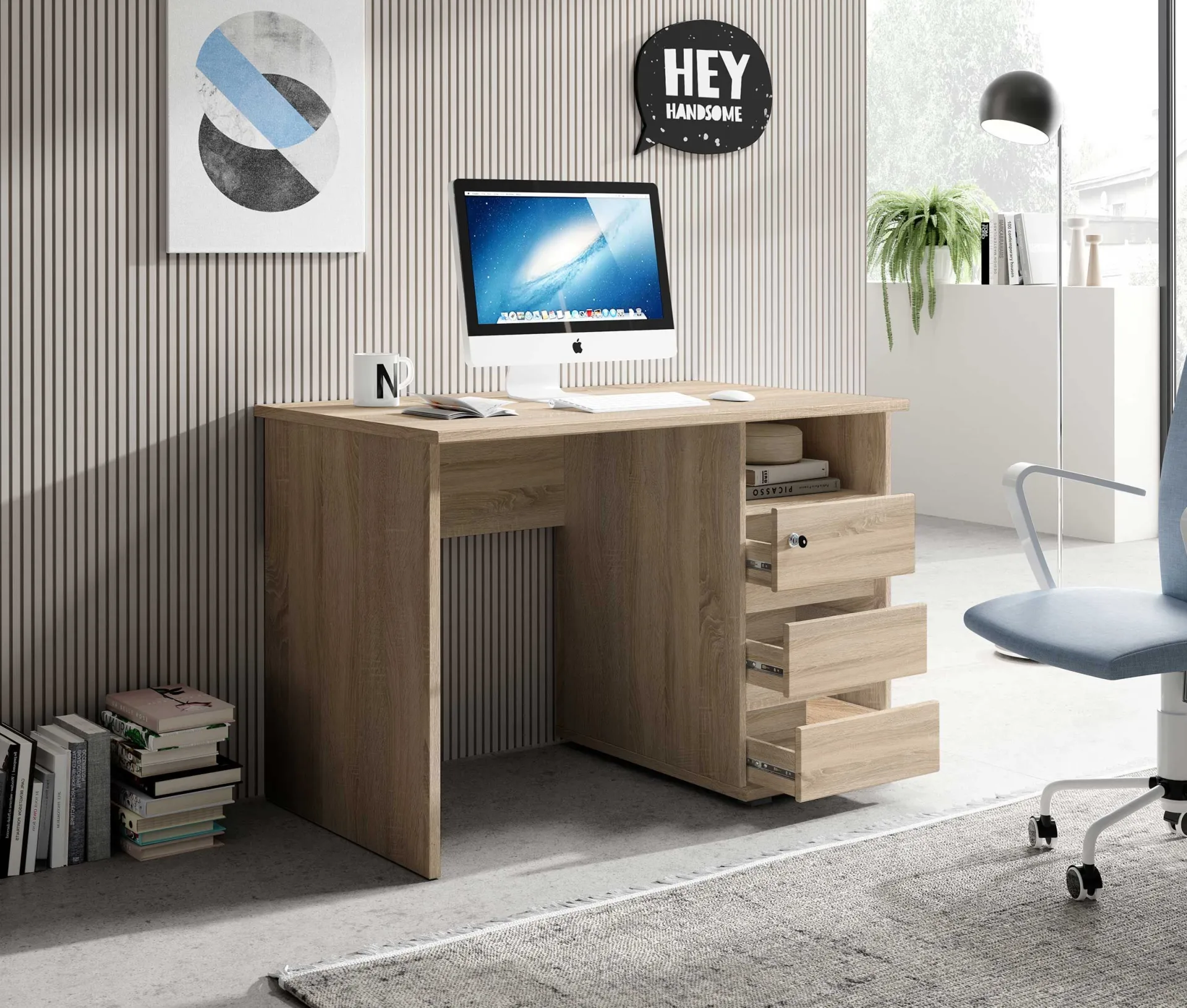 Emob Schreibtisch Primos 110cm mit 3 Schubladen - Eiche
