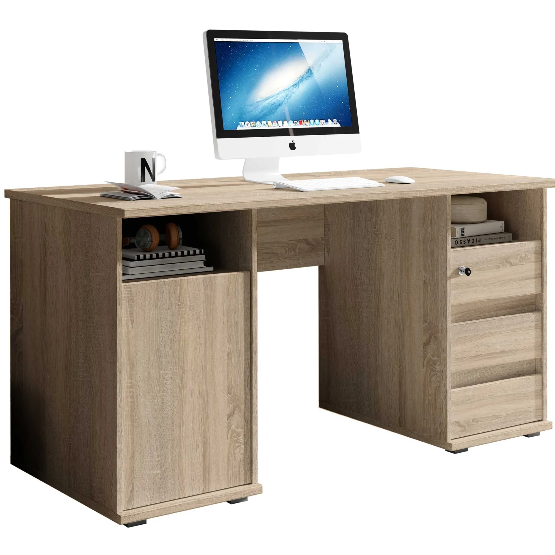 Emob Schreibtisch Primos 145cm mit 3 Schubladen und 1 Tür - Eiche