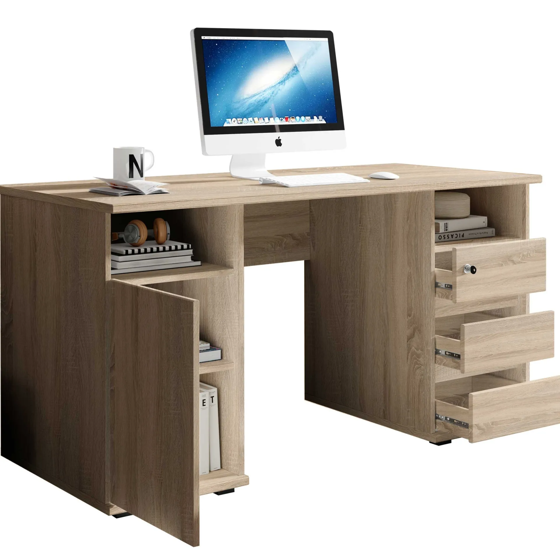 Emob Schreibtisch Primos 145cm mit 3 Schubladen und 1 Tür - Eiche