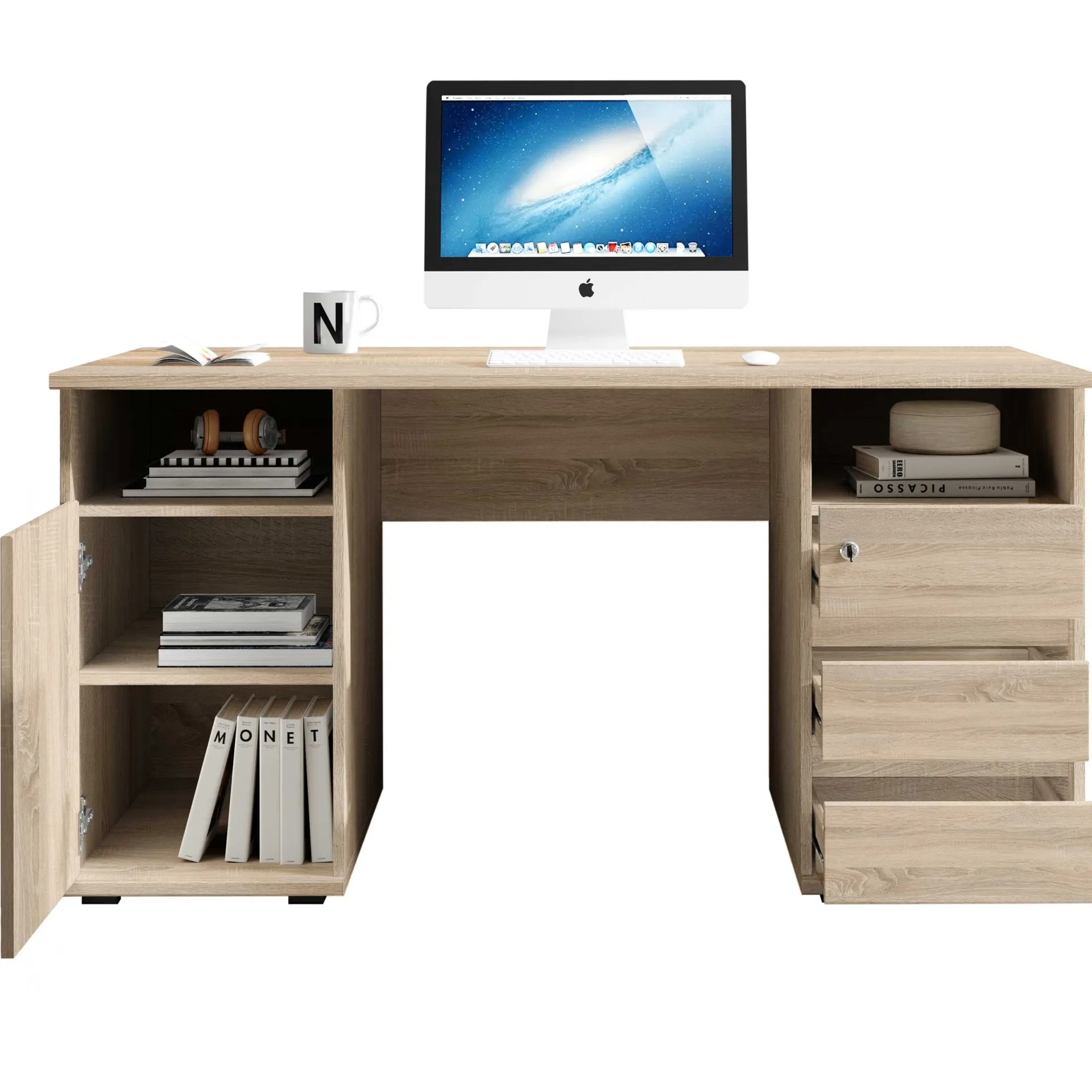 Emob Schreibtisch Primos 145cm mit 3 Schubladen und 1 Tür - Eiche