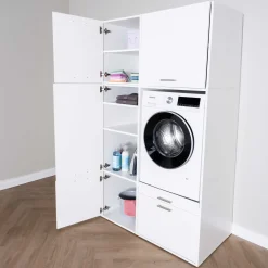 Schränke für Waschküche Linea - 116x67x200cm - 4 Türen und 1 Schublade - weiß