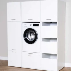 Schränke für Waschküche Linea - 166x67x200cm - 8 Türen und 1 Schublade - weiß