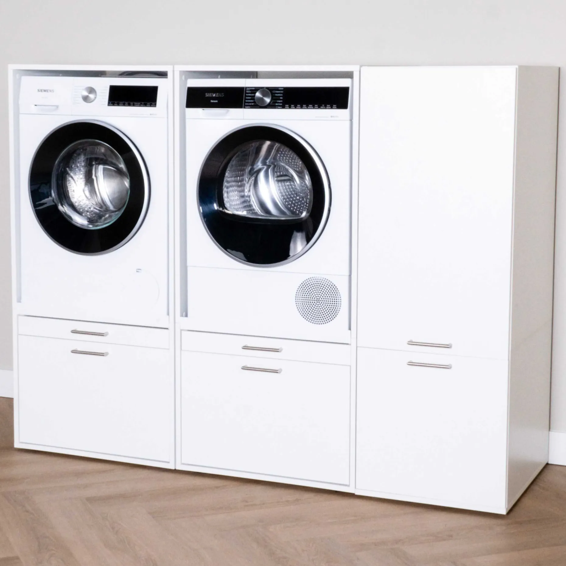 Schränke für Waschküche Linea - 183x67x142cm - 2 Türen und 2 Schubladen - weiß