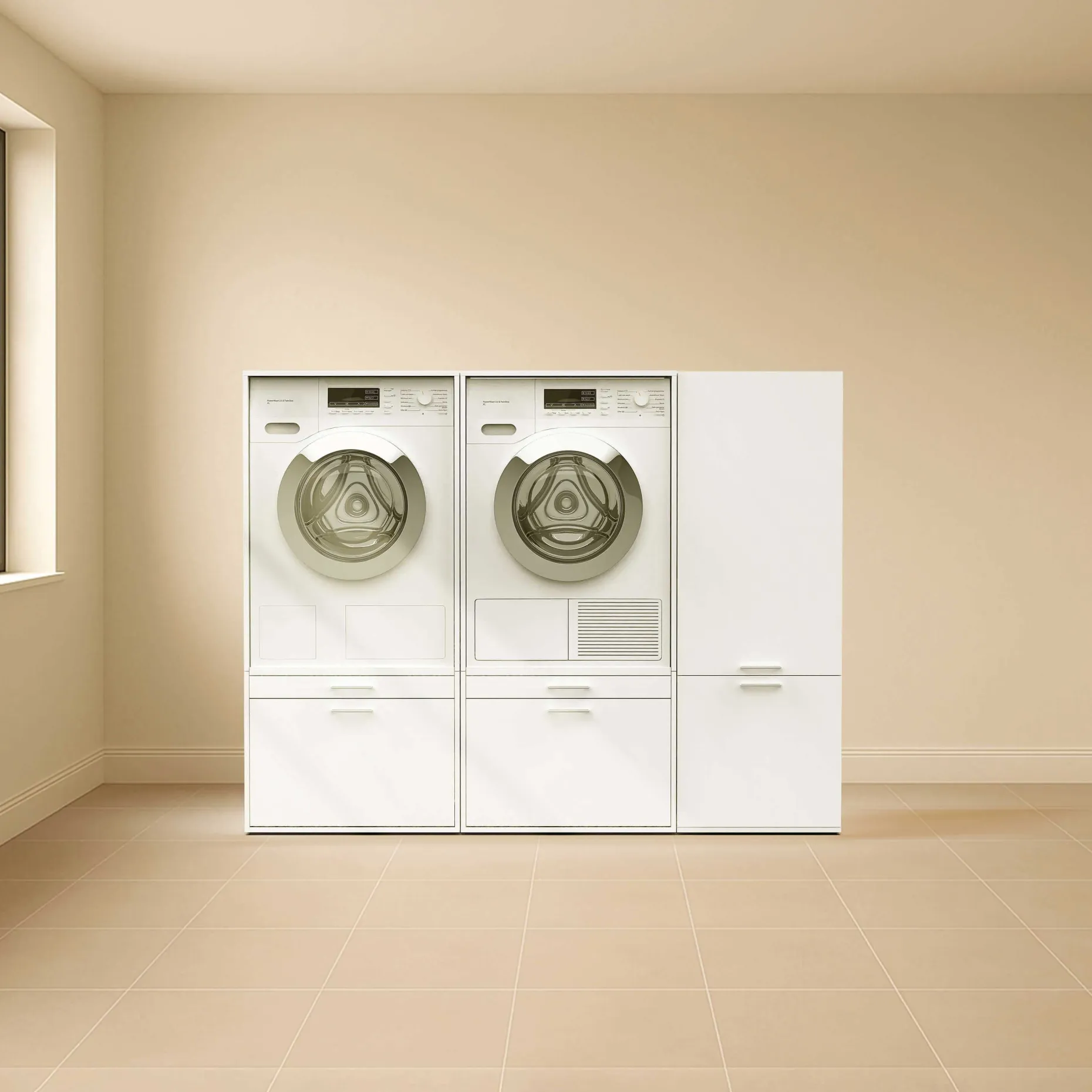 Schränke für Waschküche Linea - 183x67x142cm - 2 Türen und 2 Schubladen - weiß
