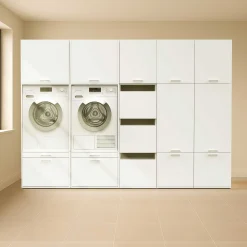 Schränke für Waschküche Linea - 283x67x200cm - 12 Türen und 2 Schubladen - weiß