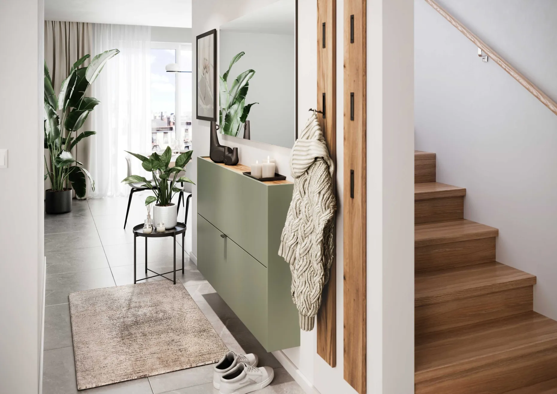 Schuhschrank Elton | 140 x 19 x 85 cm | Satingrünes Design