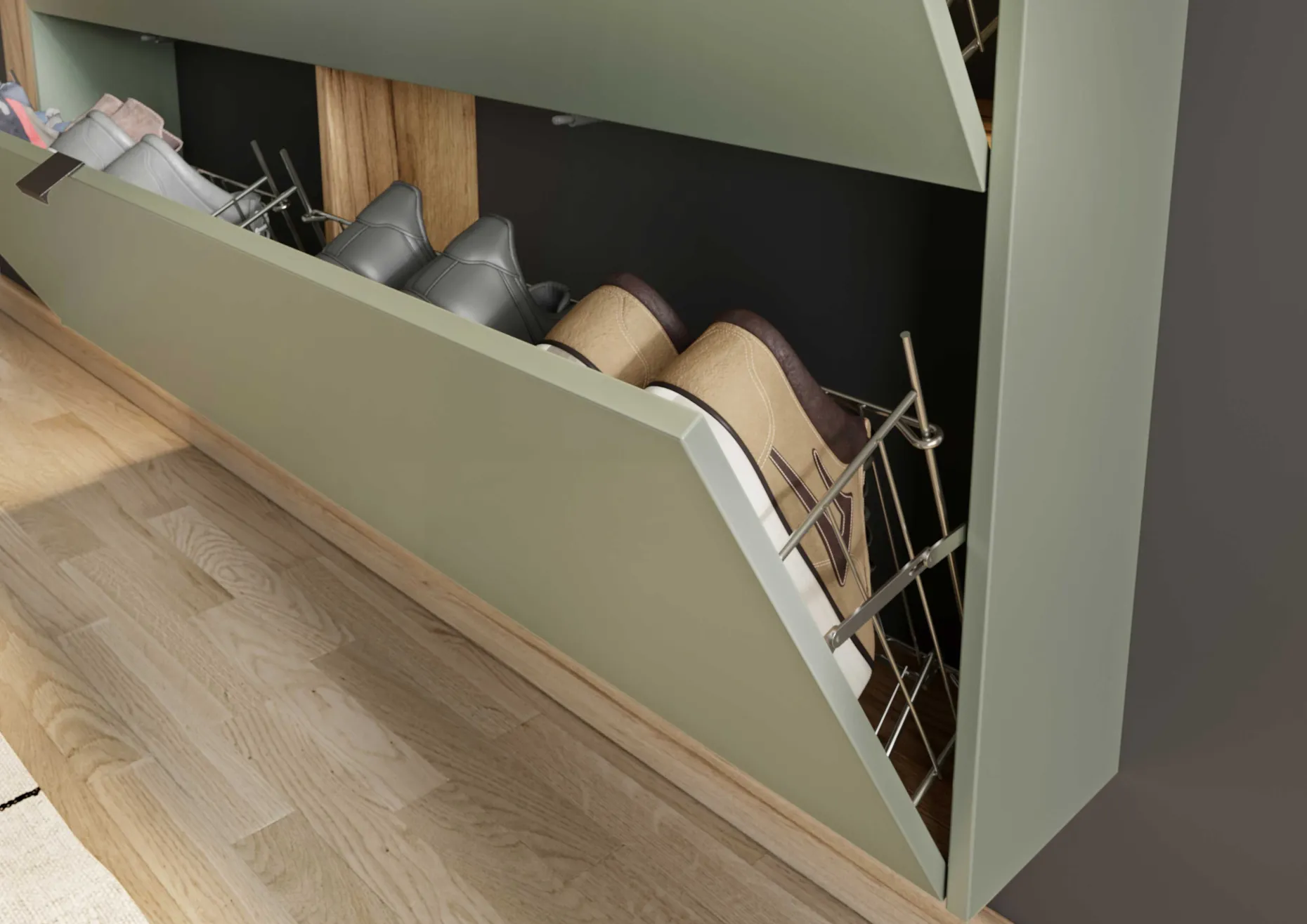 Schuhschrank Elton | 140 x 19 x 85 cm | Satingrünes Design