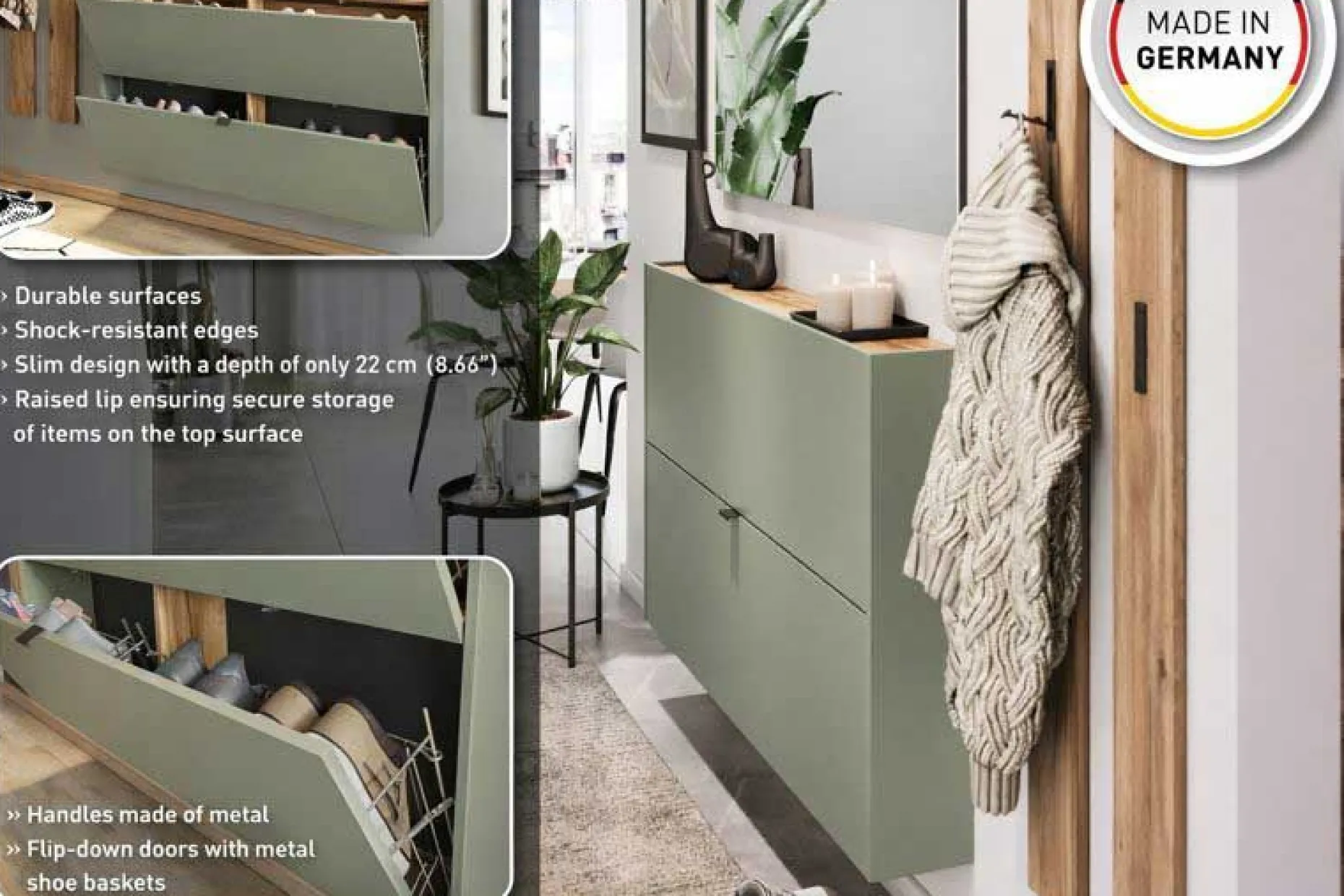 Schuhschrank Elton | 140 x 19 x 85 cm | Satingrünes Design