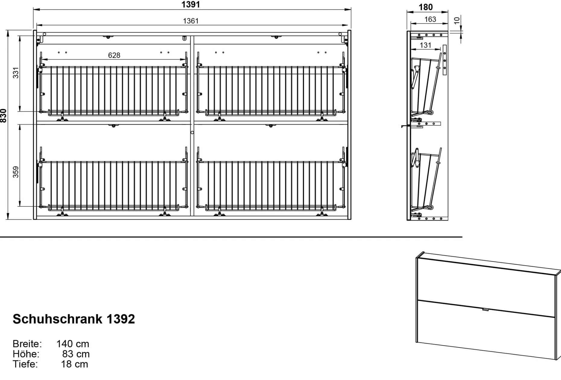Schuhschrank Elton | 140 x 19 x 85 cm | Satingrünes Design