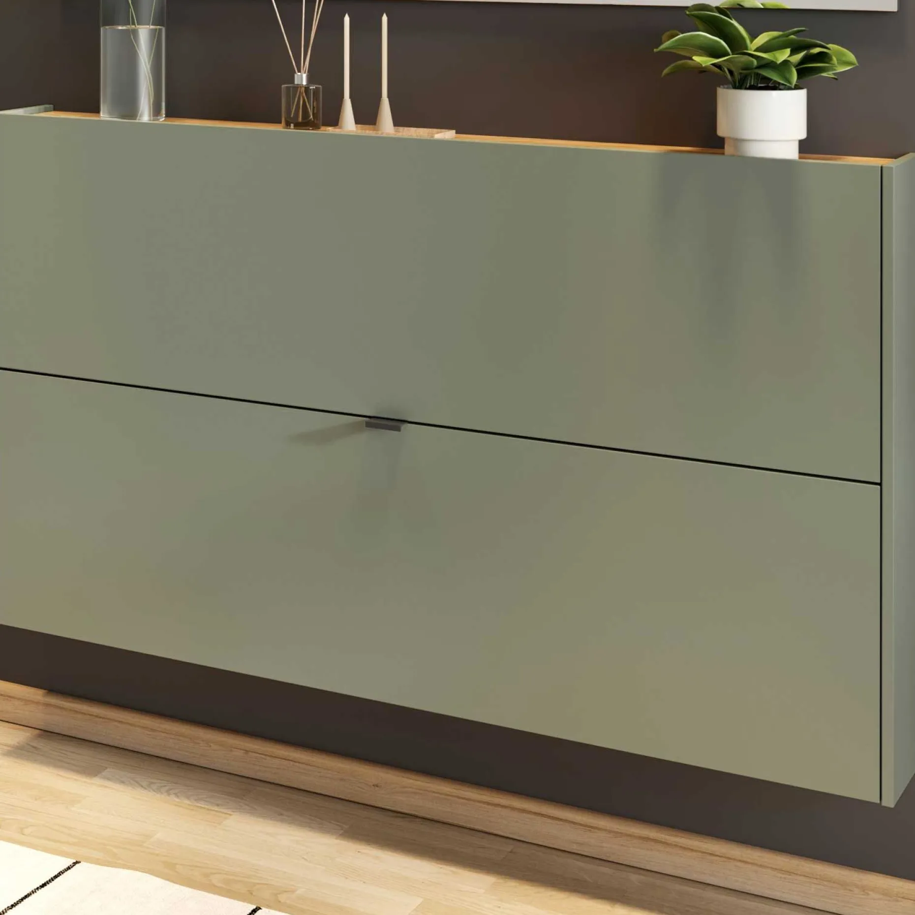 Schuhschrank Elton | 140 x 19 x 85 cm | Satingrünes Design