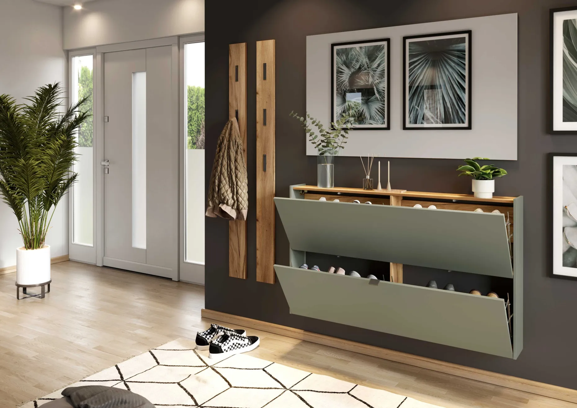 Schuhschrank Elton | 140 x 19 x 85 cm | Satingrünes Design