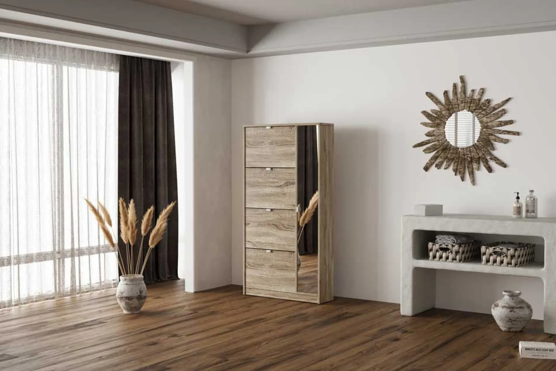 Schuhschrank Marcel - 85x24x159cm - mit Spiegel - Eiche Dekor